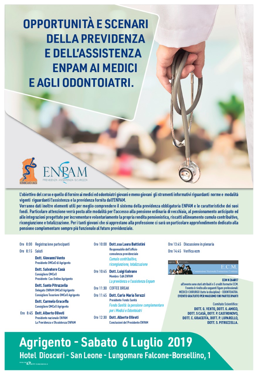 Convegno ENPAM il 6 Luglio all’Hotel Dioscuri di Agrigento