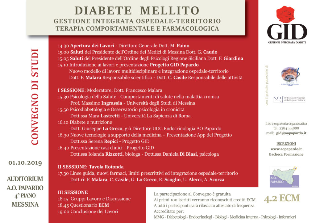 “Diabete mellito” convegno di studi l’1 ottobre all’Auditorium A.O. Papardo