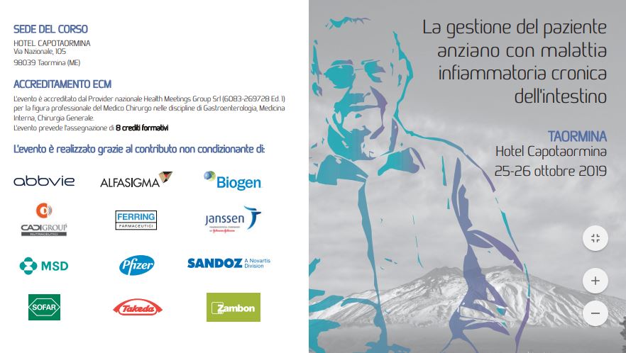 “La gestione del paziente anziano con malattia infiammatoria cronica dell’intestino” evento il 25 e 26 ottobre all’Hotel Capotaormina di Taormina