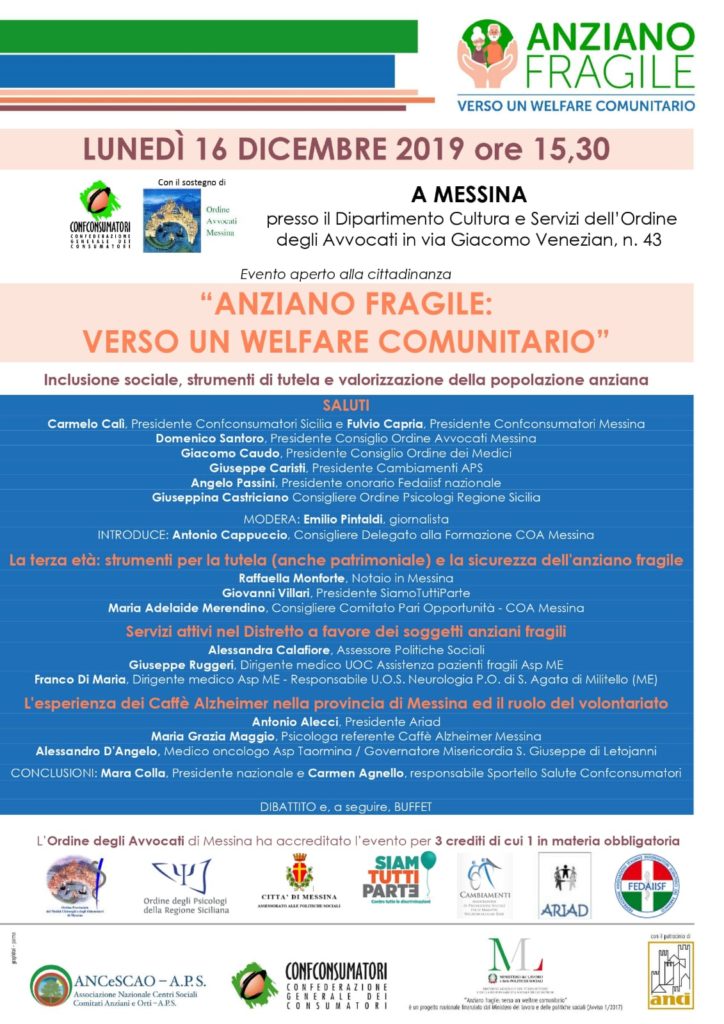 “Anziano fragile: verso un welfare comunitario” evento formativo il 16 al Dipartimento Cultura e Sevizi Ordine Avvocati Messina
