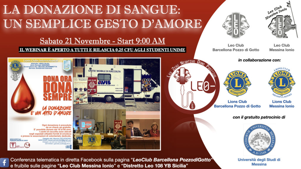 Il 21 novembre convegno telematico Leo Clubs “La donazione di sangue: un semplice gesto d’amore”