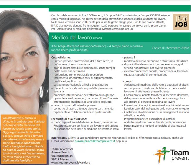 Trentino Alto Adige ricerca specialisti in medicina del Lavoro