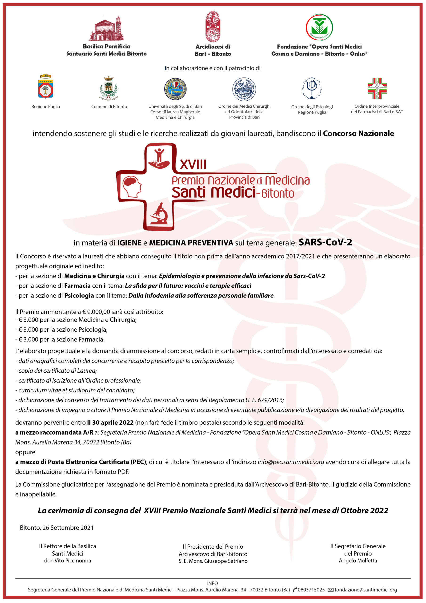 Bando Premio Nazionale Santi Medici. Scadenza 30 aprile 2022