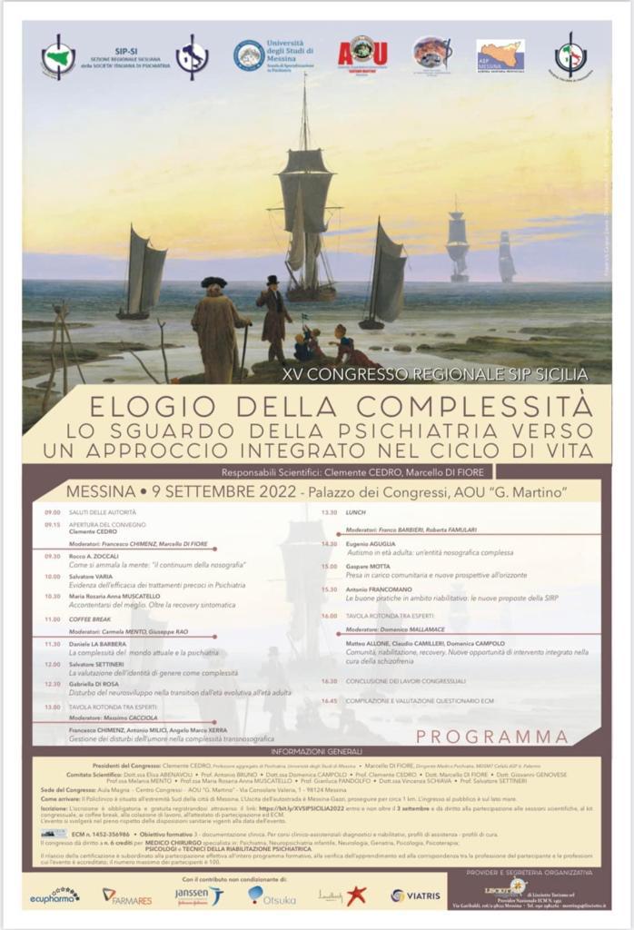 XV Congresso regionale SIP Sicilia “Elogio della complessità. Lo sguardo della psichiatria verso un approccio integrato nel ciclo di vita” il 9 settembre al Palazzo dei Congressi AOU G. Martino di Messina