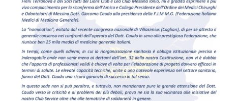 Le congratulazioni del Lions Club Messina Ionio a Giacomo Caudo per la riconferma come presidente Fimmg
