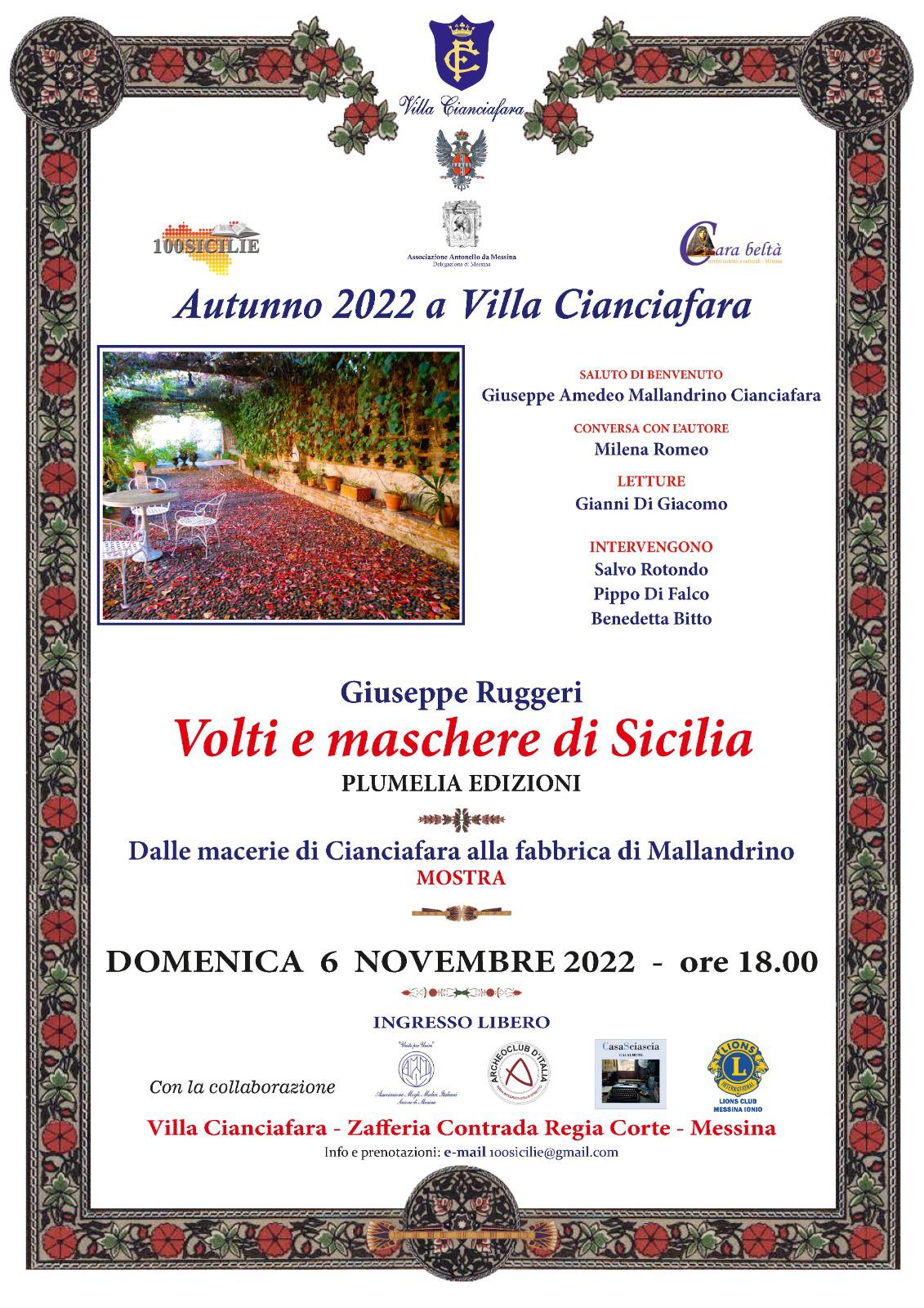 Autunno 2022 a Villa Cianciafara. Il 6 novembre verrà presentato il volume “Volti e maschere di Sicilia” di Giuseppe Ruggeri