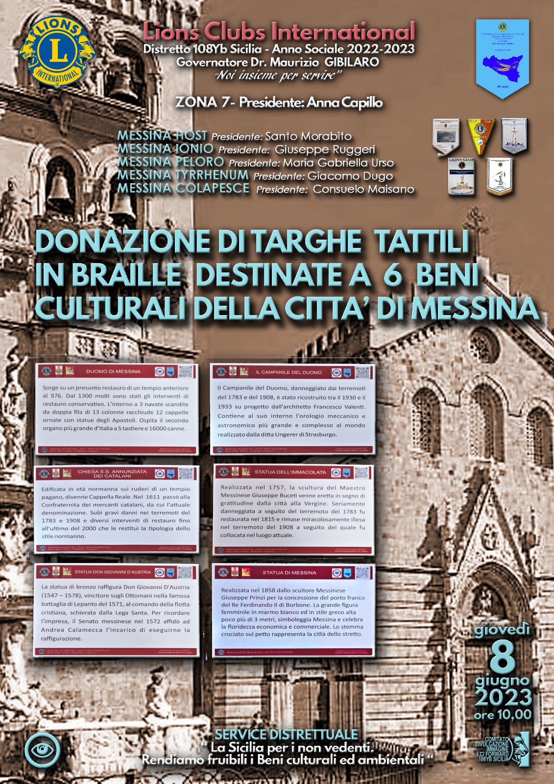 L’ 8 giugno presentazione del progetto Lions di donazione di targhe Braille alla città di Messina