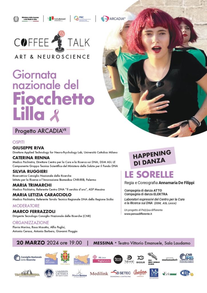 Giornata Nazionale del Fiocchetto Lilla: a Messina il 20 marzo nella Sala Laudamo durante il “Coffee Talk: Art & Neuroscience” sarà presentato il progetto ‘Arcadia VR’, unico in Italia perché affronta i disturbi del comportamento alimentare con realtà virtuale e intelligenza artificiale
