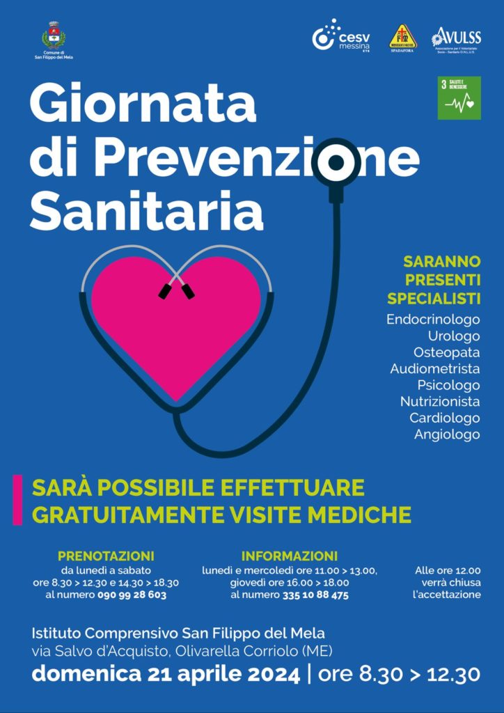 Salute, prevenzione, cultura: a San Filippo del Mela la Giornata di Prevenzione Sanitaria Domenica 21 aprile dalle 8:30 alle 12:30 visite mediche gratuite. Sul fronte culturale approvato il calendario degli eventi per il prossimo trimestre. Si lavora per il Maggio dei libri e per il Patto locale per la lettura 2024 – 2026