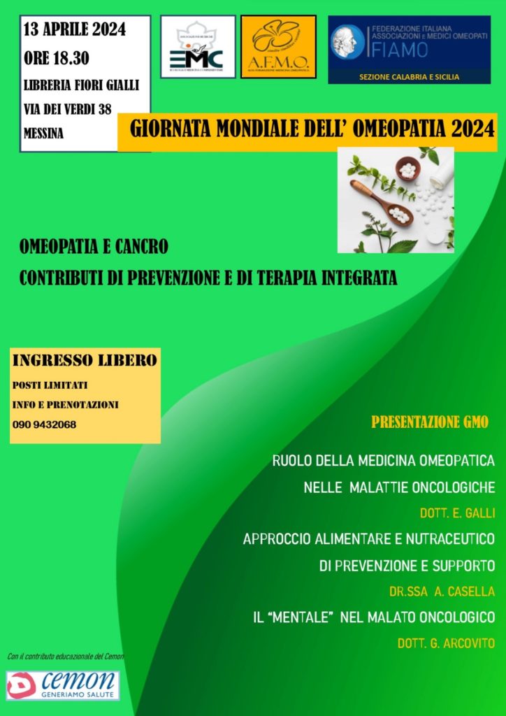Il 13 aprile a Messina l’evento ” Omeopatia e cancro contributi di prevenzi0ne e di terapia integrata” in occasione della Giornata mondiale dell’Omeopatia 2024