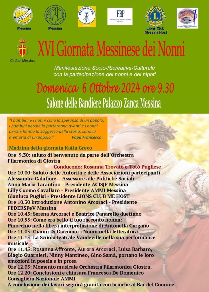 Domenica 6 ottobre la XVI Giornata Messinese dei Nonni: appuntamento a Palazzo Zanca
