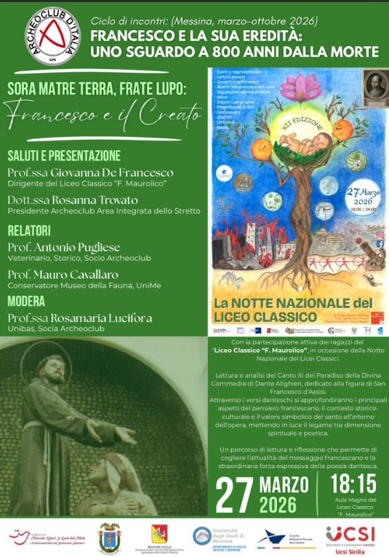 A Messina “La notte del Maurolico” con San Francesco, Dante e l’Archeoclub dello Stretto. Appuntamento venerdì 27 marzo 2026 alle ore 18.15 al Liceo Maurolico