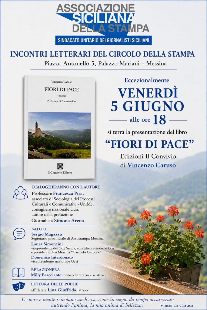 Il 5 giugno presentazione libro “Fiori di Pace” al Palazzo Mariani di Messina