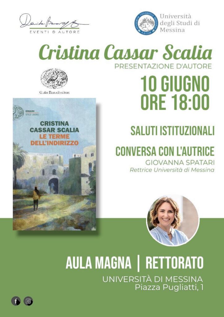Il 10 giugno presentazione del libro “Le Terme dell’indirizzo” di Cristina Cassar Scalia nell’Aula Magna del Rettorato di Messina
