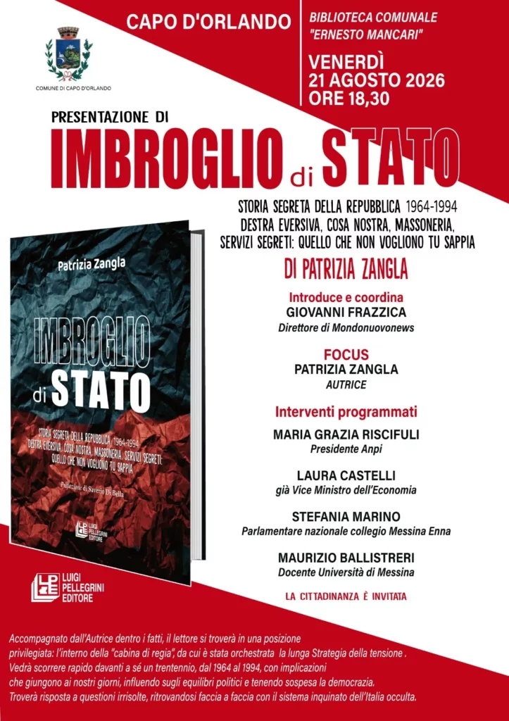 Oggi 21 agosto a Capo d’Orlando presentazione di “Imbroglio di Stato” di Patrizia Zangla nella Biblioteca Comunale “Ernesto Mancari”